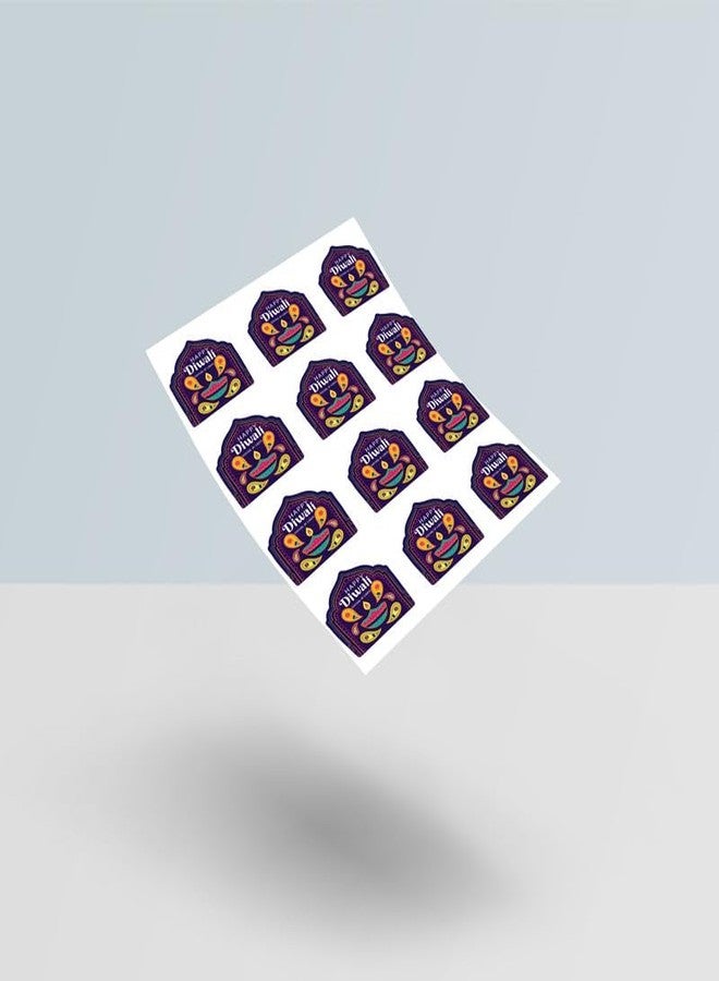D2C 70-Piece Happy Diwali Premium Large Stickers - 1.5 Inch Multi-Color Diya Design with Purple Royal Background, Self-Adhesive Festival Labels - Image 3